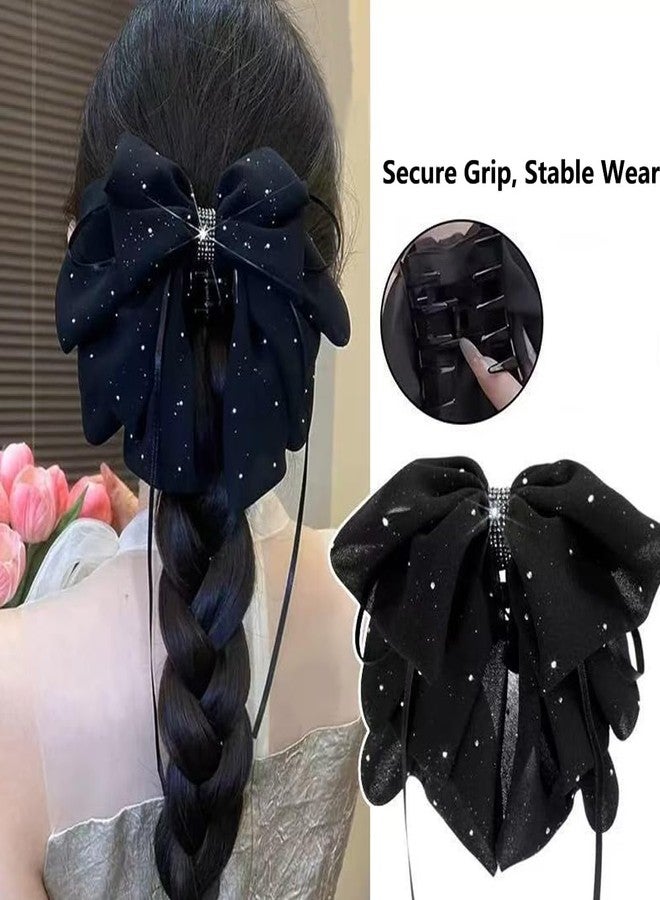 Melodio Starry Bow Hair Claw Clip with Ribbon Tails - Black Sparkly Mesh Hair Accessory for Women, Secure Grip Hair Claw for Buns/Updos (Elegant Night Style) - Image 2