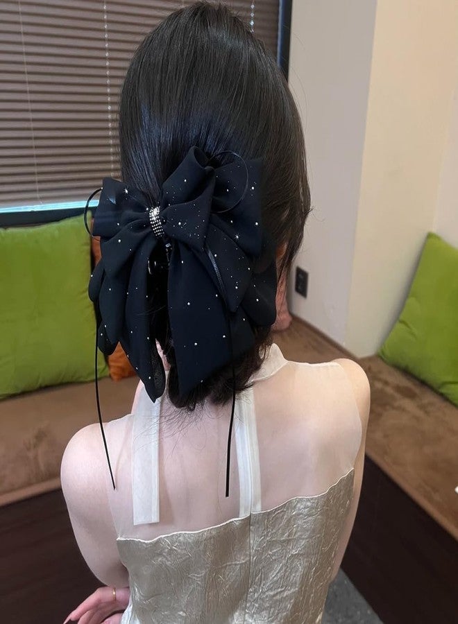 Melodio Starry Bow Hair Claw Clip with Ribbon Tails - Black Sparkly Mesh Hair Accessory for Women, Secure Grip Hair Claw for Buns/Updos (Elegant Night Style) - Image 5