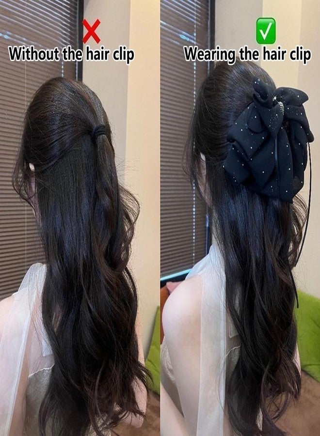 Melodio Starry Bow Hair Claw Clip with Ribbon Tails - Black Sparkly Mesh Hair Accessory for Women, Secure Grip Hair Claw for Buns/Updos (Elegant Night Style) - Image 3