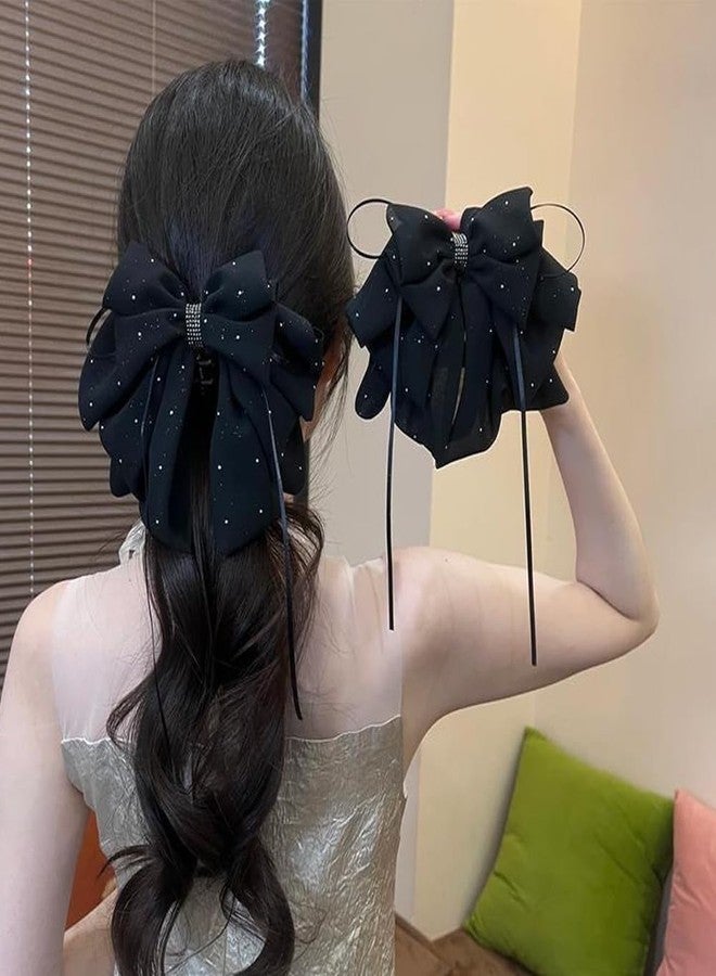 Melodio Starry Bow Hair Claw Clip with Ribbon Tails - Black Sparkly Mesh Hair Accessory for Women, Secure Grip Hair Claw for Buns/Updos (Elegant Night Style) - Image 4