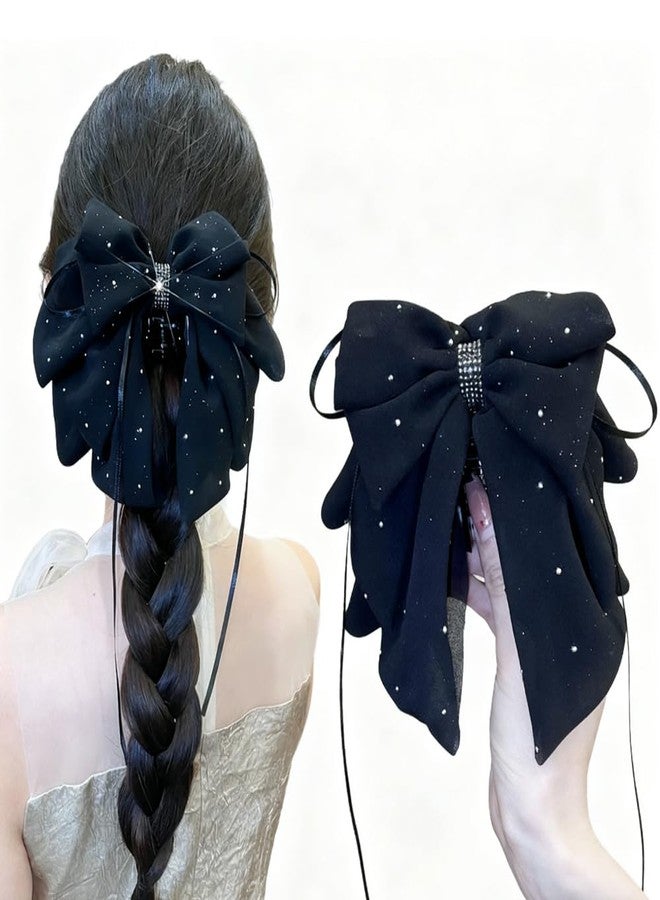 Melodio Starry Bow Hair Claw Clip with Ribbon Tails - Black Sparkly Mesh Hair Accessory for Women, Secure Grip Hair Claw for Buns/Updos (Elegant Night Style) - Image 1