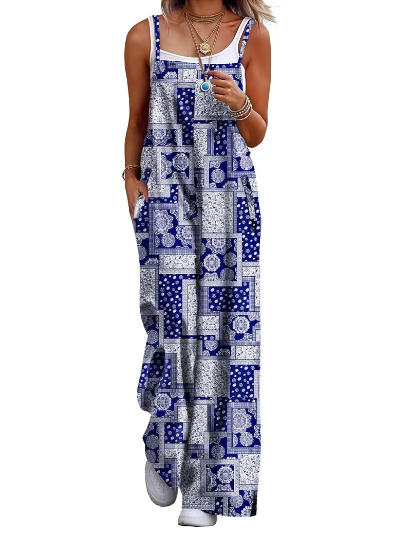 YESNO Women's Summer Boho Cotton Casual Jumpsuits Wide Leg Overalls Floral Print Baggy Rompers with Pockets L PZZCR 459 - Image 1
