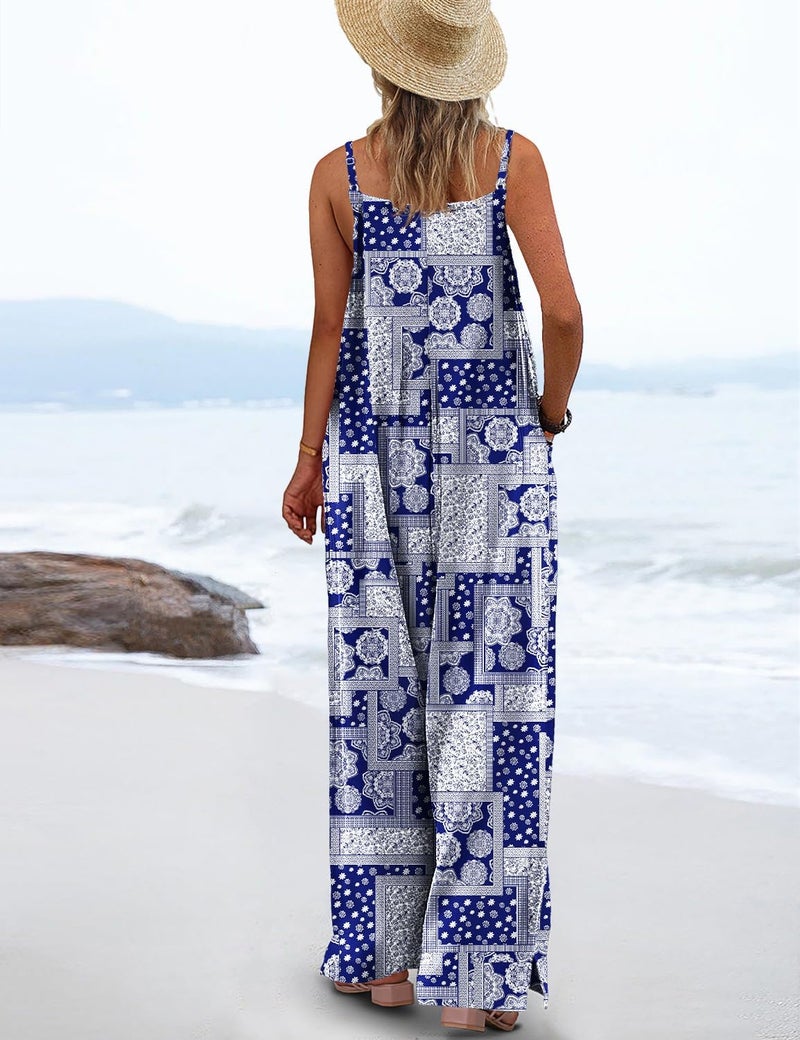 YESNO Women's Summer Boho Cotton Casual Jumpsuits Wide Leg Overalls Floral Print Baggy Rompers with Pockets L PZZCR 459 - Image 3