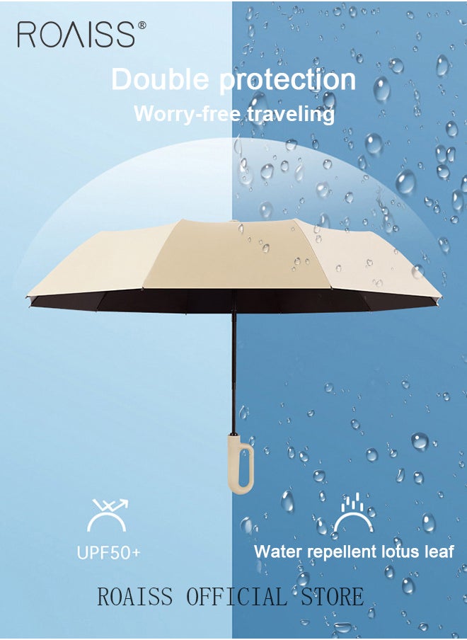 Unisex Multifunctional Automatic Umbrella with Thickened Coating for Cooling and Heat Insulation Dual Umbrella Ribs for Wind and Waterproof Circular Handle for Easy Carrying 10 Rib 3 Fold Design UPF50