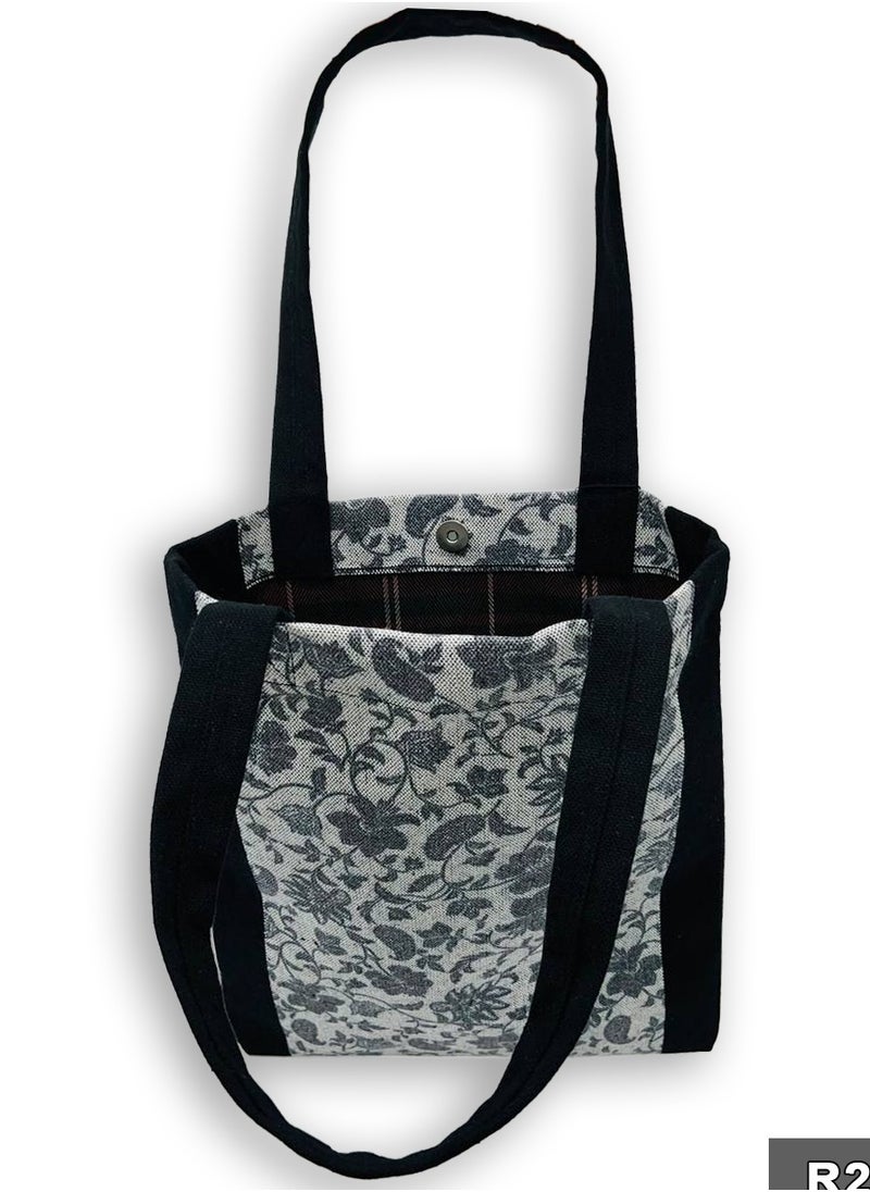 Gharibo Bags - Hibiscus Black casual printed linen tote bag - Image 1
