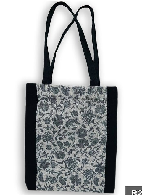Hibiscus Black casual printed linen tote bag