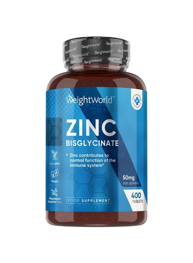 WeightWorld Zinc Bisglycinate 50mg – High Absorption Immune Support & Skin Health – 400 Vegan Tablets (6 Months Supply) – Made in UK - Image 1