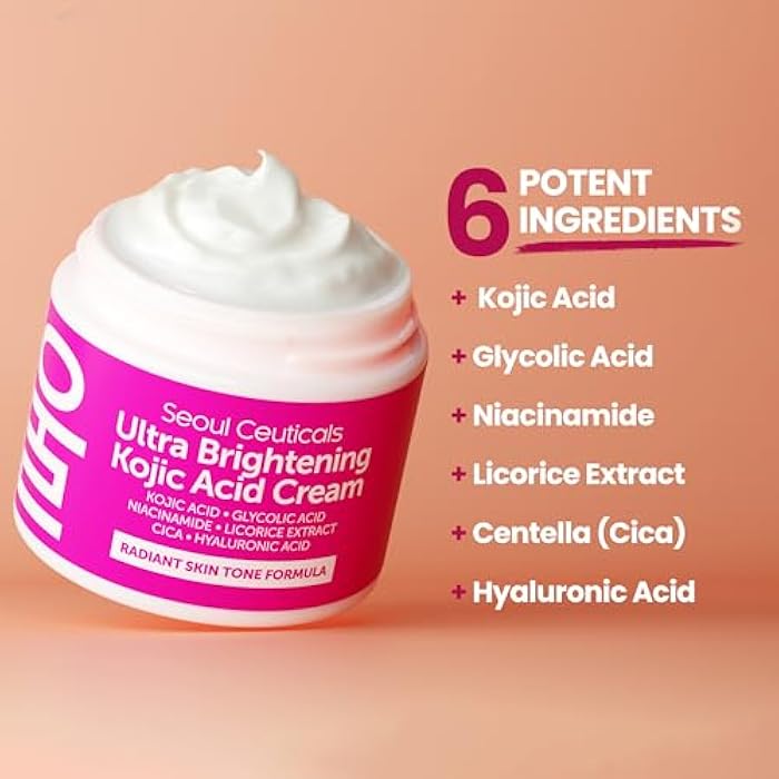 SeoulCeuticals Korean Kojic Acid Cream Dark Spot Remover + Glycolic Acid + Niacinamide + Cica + HA Moisturizer - Cruelty Free K Beauty Skincare 2oz - Image 3