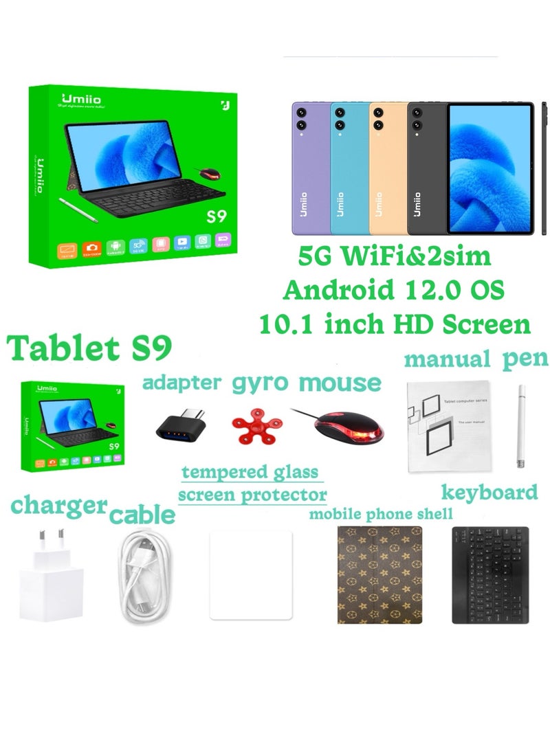 Umiio - Smart Tablet PC with Keyboard and Mouse 10.1-inch HD Screen 8GB RAM 256GB ROM Front and Rear Camera WiFi and Dual SIM Network Android Tab with Leather Cover - Image 1