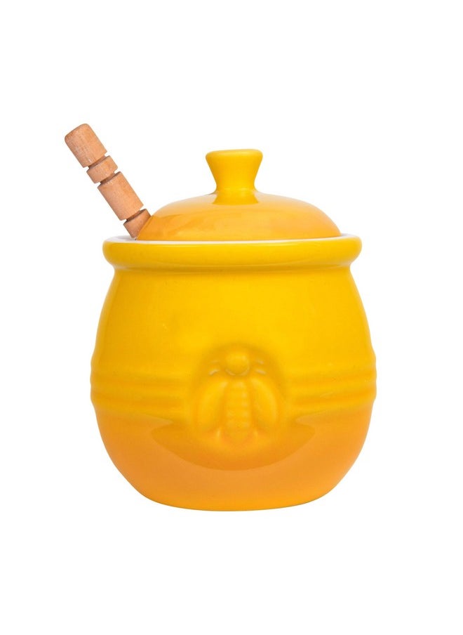 Creative Co-op Creative Co-Op Yellow Stoneware Honey Pot with Lid & Wood Honey Dipper  - Image 1