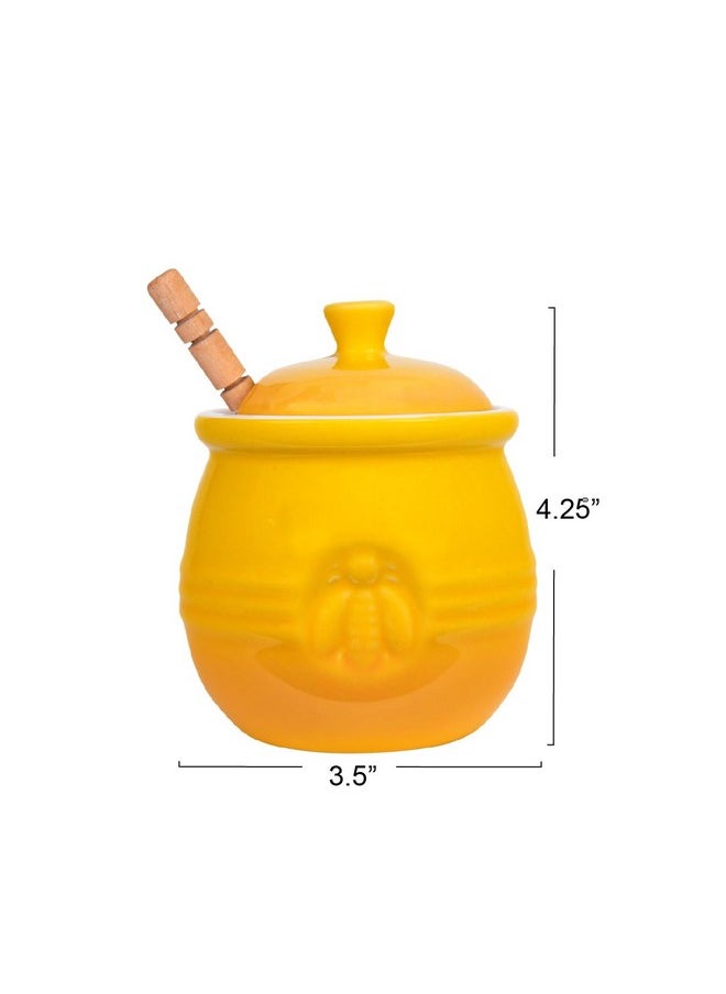 Creative Co-op Creative Co-Op Yellow Stoneware Honey Pot with Lid & Wood Honey Dipper  - Image 2