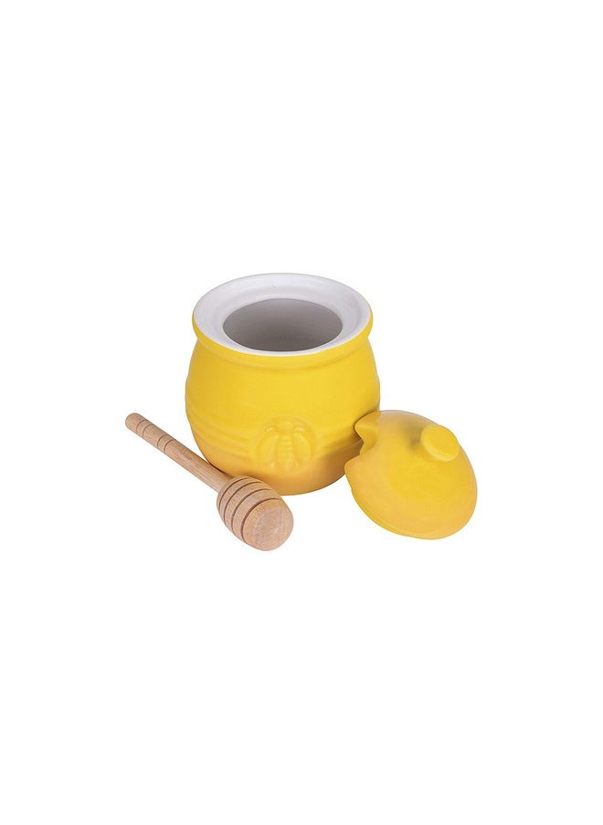 Creative Co-op Creative Co-Op Yellow Stoneware Honey Pot with Lid & Wood Honey Dipper  - Image 3