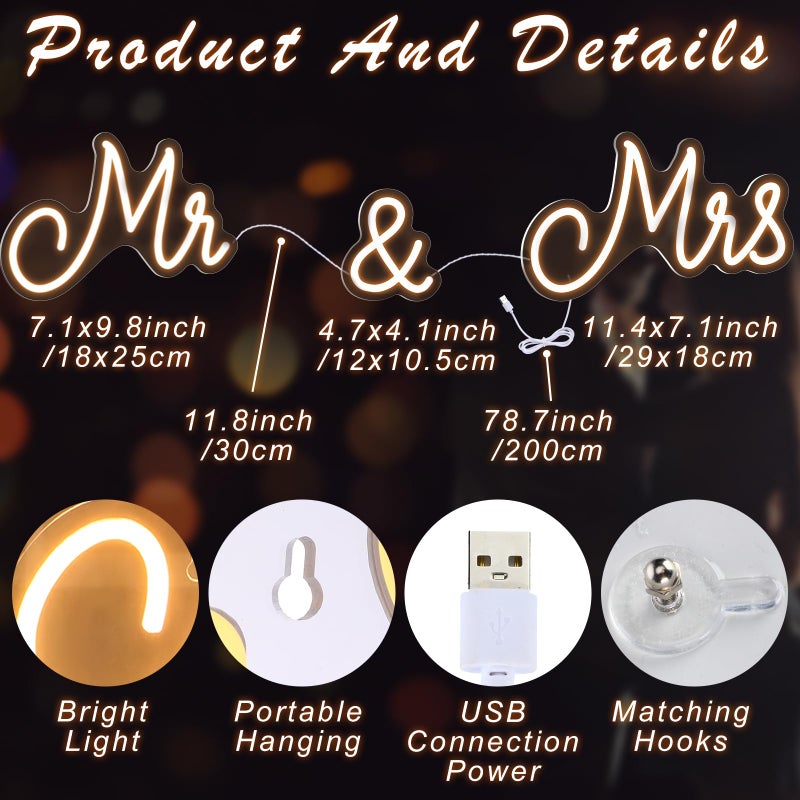 Kittmip Mr and Mrs Neon Sign for Wedding Neon Light LED Backdrop Wall Decor USB Mr and Mrs Sign Wedding Reception Decoration Gifts for Anniversary Engagement Banquet(Warm White  25 x 7 Inches) - Image 2