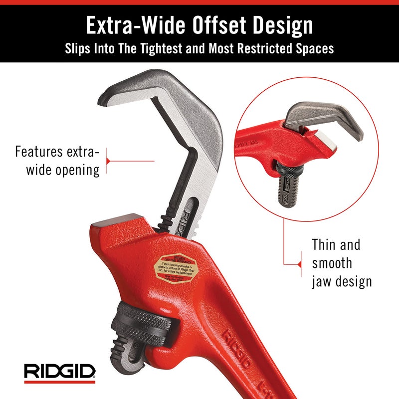 RIDGID 31305 Model E-110 9.5" Offset Hex Jaw Pipe Wrench, Red, Made in The USA - Image 5