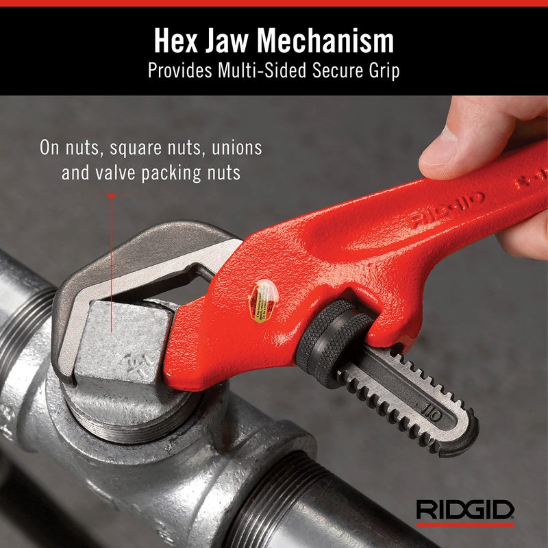 RIDGID 31305 Model E-110 9.5" Offset Hex Jaw Pipe Wrench, Red, Made in The USA - Image 4