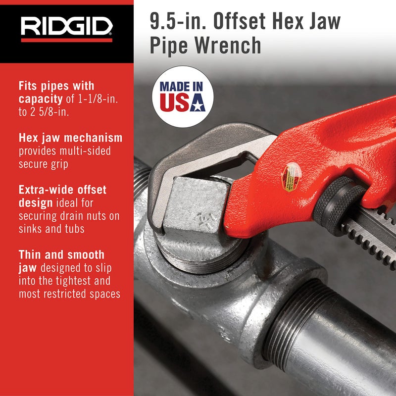 RIDGID 31305 Model E-110 9.5" Offset Hex Jaw Pipe Wrench, Red, Made in The USA - Image 2