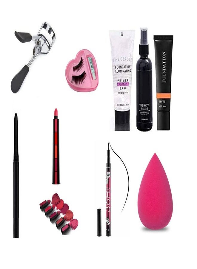 Glowhouse Eyelashes curler,eyelashes,black kajal,sketch eyeliner,Lipstick,Makeup sponge Makeup combo (Set of 9) - Image 1