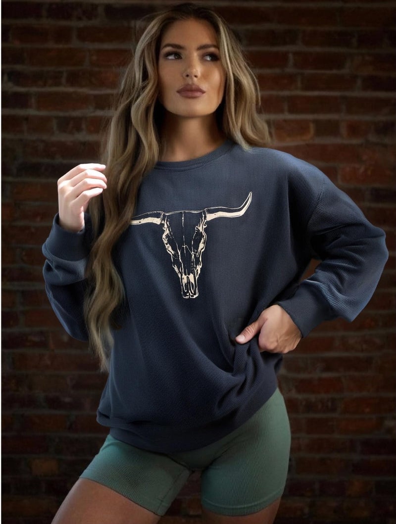 UNIQUEONE Boho Cow Skull Sweatshirt Women Cowgirl Shirt Rodeo Western Country Concert Outfits Nashville Graphic Pullover Tops Grey - Image 5