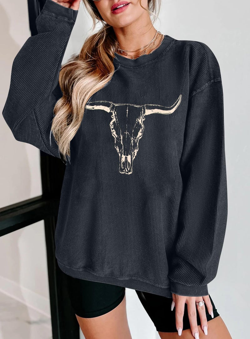 UNIQUEONE Boho Cow Skull Sweatshirt Women Cowgirl Shirt Rodeo Western Country Concert Outfits Nashville Graphic Pullover Tops Grey - Image 2