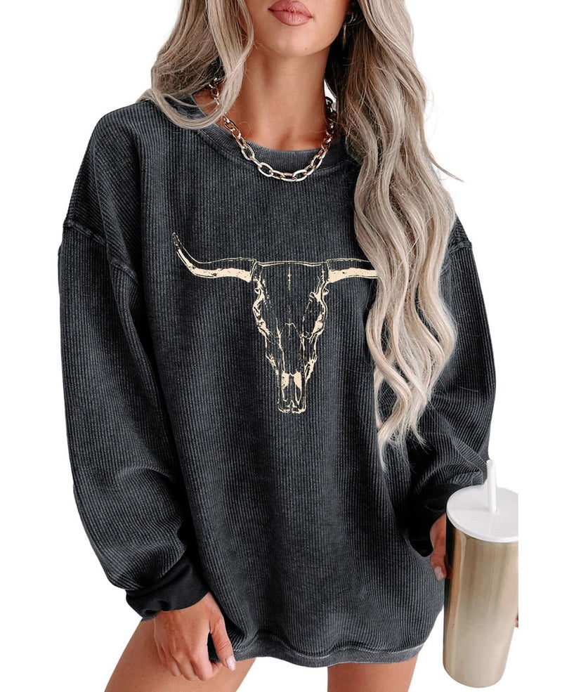 UNIQUEONE Boho Cow Skull Sweatshirt Women Cowgirl Shirt Rodeo Western Country Concert Outfits Nashville Graphic Pullover Tops Grey - Image 1