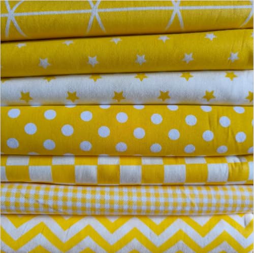 Hasoar 7PCS 9.8" x 9.8"(25 * 25CM) Quilting Fat Quarters Fabric Bundles, for Sewing Crafting,Print Floral Striped Polka Dot 100% Cotton Gingham Fabric (Yellow, 25 * 25cm) - Image 1