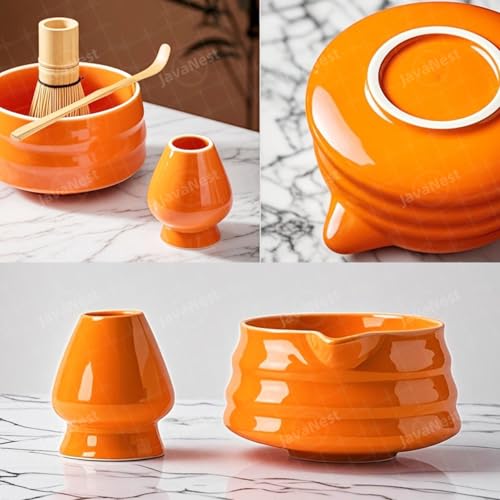 JavaNest 7-Piece Matcha Tea Set with Gift Card – 120-Prong Bamboo Whisk, Ceramic Bowl with Spout, Whisk Holder, Scoop, Spoon, Strainer & Scoop Holder – Ideal Gift for Matcha Lovers (Orange) - Image 3