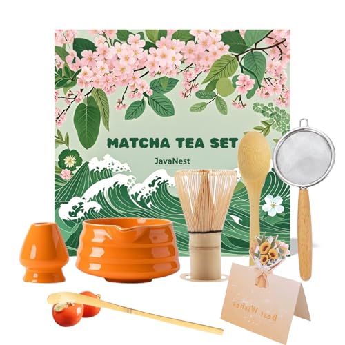 JavaNest 7-Piece Matcha Tea Set with Gift Card – 120-Prong Bamboo Whisk, Ceramic Bowl with Spout, Whisk Holder, Scoop, Spoon, Strainer & Scoop Holder – Ideal Gift for Matcha Lovers (Orange) - Image 1