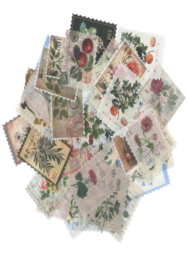 Xosjska 60 PCS Vintage Postage Stamp Stickers, Retro Stamps for Scrapbooking Aesthetic Botanical Decorative Stickers Vintage Postage Stamps for Junk Journal Planners Notebooks DIY Crafts Water Bottles Laptop - Image 1
