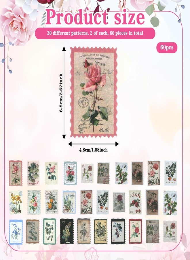 Xosjska 60 PCS Vintage Postage Stamp Stickers, Retro Stamps for Scrapbooking Aesthetic Botanical Decorative Stickers Vintage Postage Stamps for Junk Journal Planners Notebooks DIY Crafts Water Bottles Laptop - Image 3