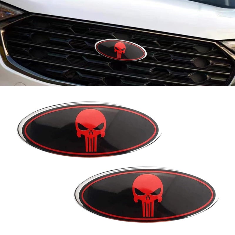 UGSHY Pack of 2 Front Grille Emblem Central Mesh Cover Label Rear Tailgate Emblem Badge Nameplate Compatible with Ford F150 F250 F350 Skull Red - Image 3