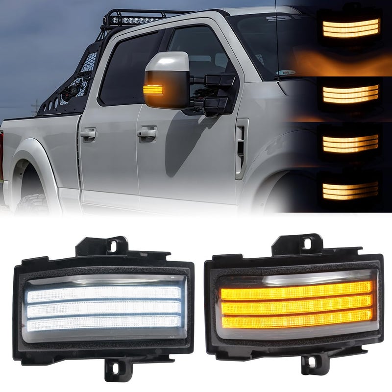 Aexploer Sequential Side Tow Mirror Turn Signal LED Lights Compatible with F150 2015-2025 for F250 F350 F450 2017-2025 White Daytime Running &Yellow Dynmaic Blink Turn Marker Lamp (Smoked Len) - Image 1