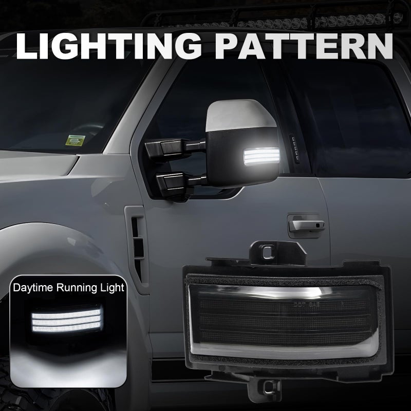 Aexploer Sequential Side Tow Mirror Turn Signal LED Lights Compatible with F150 2015-2025 for F250 F350 F450 2017-2025 White Daytime Running &Yellow Dynmaic Blink Turn Marker Lamp (Smoked Len) - Image 4