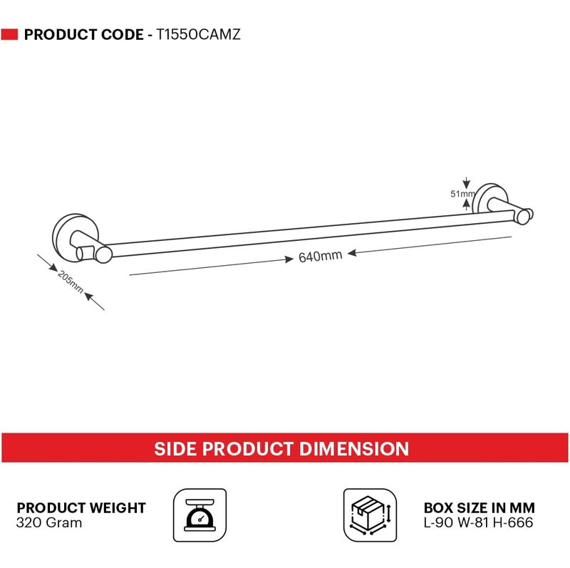 Johnson Bathrooms Johnson Alpha 24 Inch SS304 Towel Rod Towel Hanger for Bathroom 304 Grade Stainless Steel Towel Holder Chrome Colour T1550CAMZ 1 Year Warranty  - Image 2