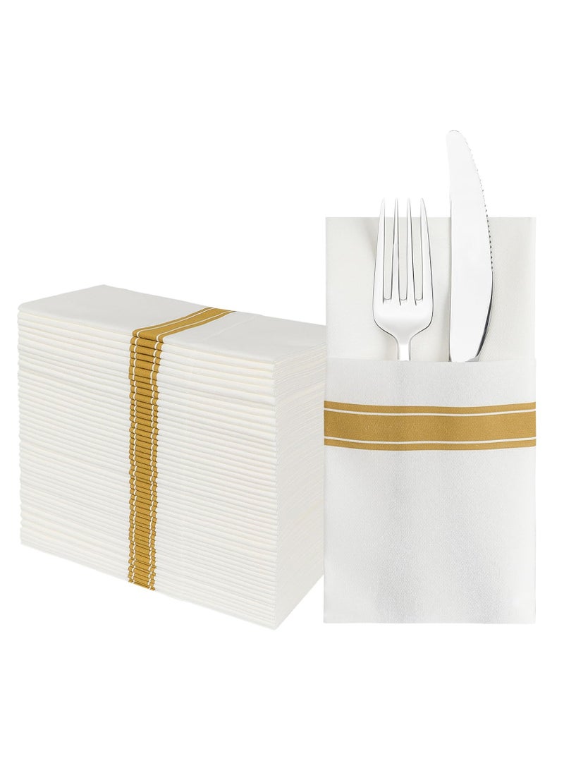 Generic White Napkins (with gold trim), Built-in Cutlery Pockets Decorative Wedding Napkins, Disposable Napkins, Foldable Party Napkins for Tables, Dinner Parties, Upscale Banquets and Events  - Image 1