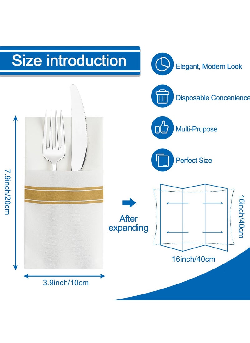Generic White Napkins (with gold trim), Built-in Cutlery Pockets Decorative Wedding Napkins, Disposable Napkins, Foldable Party Napkins for Tables, Dinner Parties, Upscale Banquets and Events  - Image 2