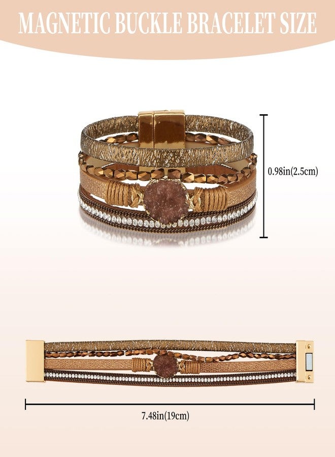 QIUTIMIY Leather Bracelets for Women Trendy Boho Cuff Bracelet Layered Bangle with Clasp Hand Wrist Jewelry Western(Style 7-Brown) - Image 4