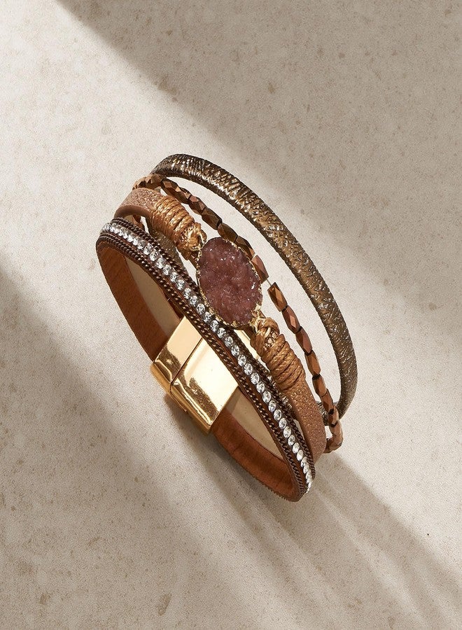 QIUTIMIY Leather Bracelets for Women Trendy Boho Cuff Bracelet Layered Bangle with Clasp Hand Wrist Jewelry Western(Style 7-Brown) - Image 3