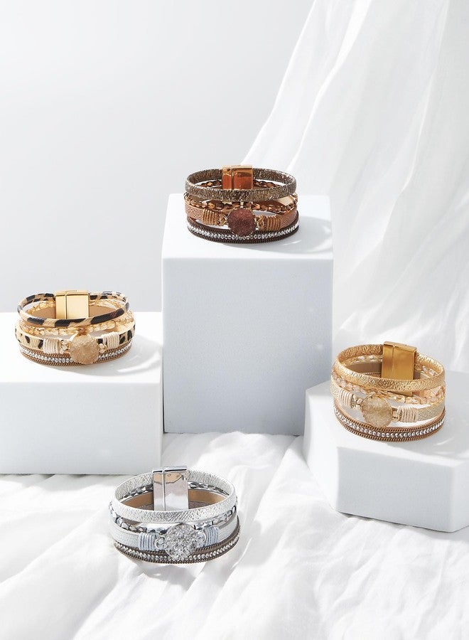 QIUTIMIY Leather Bracelets for Women Trendy Boho Cuff Bracelet Layered Bangle with Clasp Hand Wrist Jewelry Western(Style 7-Brown) - Image 5