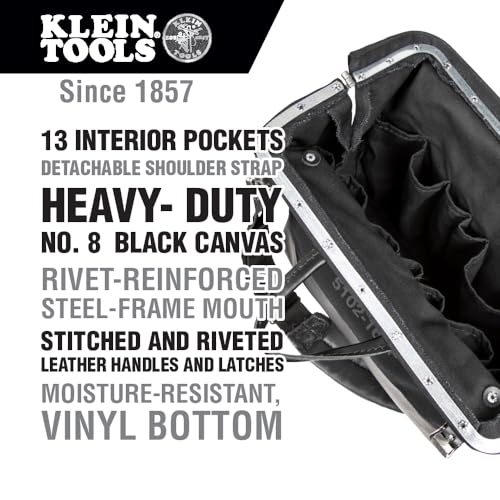 Klein Tools 510216SPBLK Tool Bag Large 16Inch Deluxe Canvas Tool Bag and Organizer with 13 Pockets and Shoulder Strap Black - Image 3