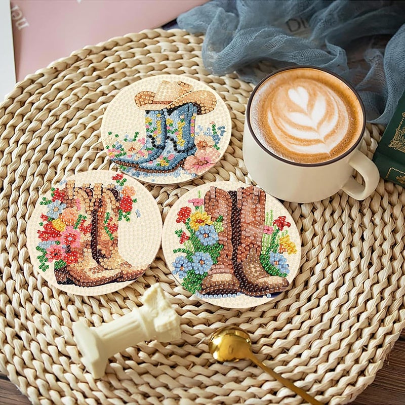 Fotasmua 8 Pcs Cowboy Boots Diamond Art Coaster Kits for Adults Beginner, Flower Diamond Painting Coasters Kits with Holder Cork Pads, DIY Gem Arts and Crafts Coasters Supplies for Home and Holiday Decor - Image 3