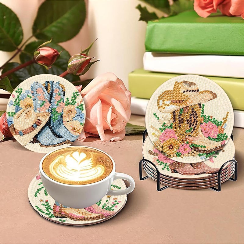Fotasmua 8 Pcs Cowboy Boots Diamond Art Coaster Kits for Adults Beginner, Flower Diamond Painting Coasters Kits with Holder Cork Pads, DIY Gem Arts and Crafts Coasters Supplies for Home and Holiday Decor - Image 5
