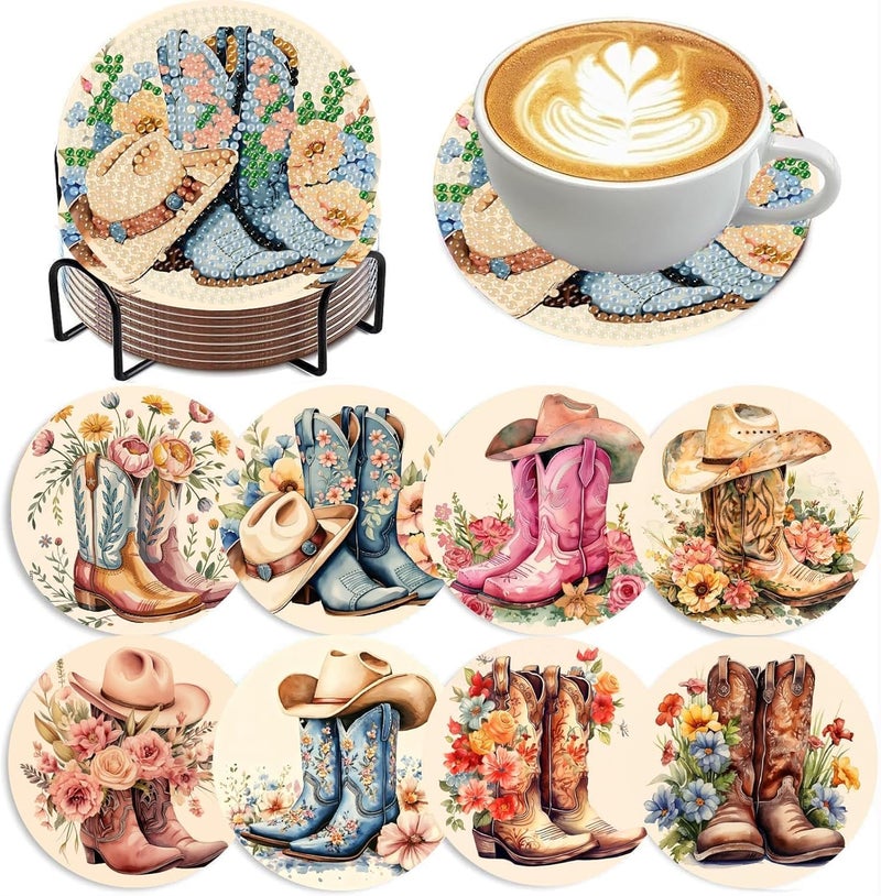 Fotasmua 8 Pcs Cowboy Boots Diamond Art Coaster Kits for Adults Beginner, Flower Diamond Painting Coasters Kits with Holder Cork Pads, DIY Gem Arts and Crafts Coasters Supplies for Home and Holiday Decor - Image 1