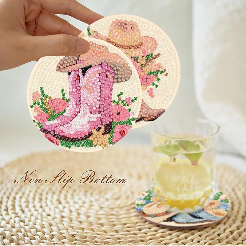 Fotasmua 8 Pcs Cowboy Boots Diamond Art Coaster Kits for Adults Beginner, Flower Diamond Painting Coasters Kits with Holder Cork Pads, DIY Gem Arts and Crafts Coasters Supplies for Home and Holiday Decor - Image 2