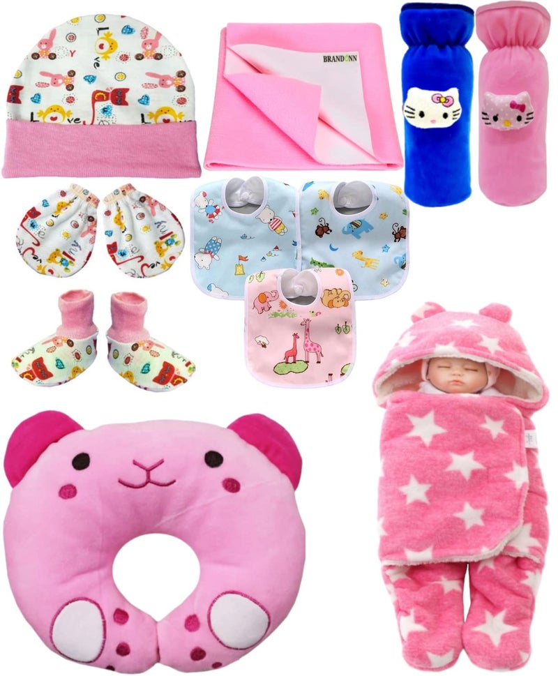 First Kick New Born Baby Gift Set Combo Pack,Pink for Baby Boys and Baby Girls Pack of 11 - Image 1