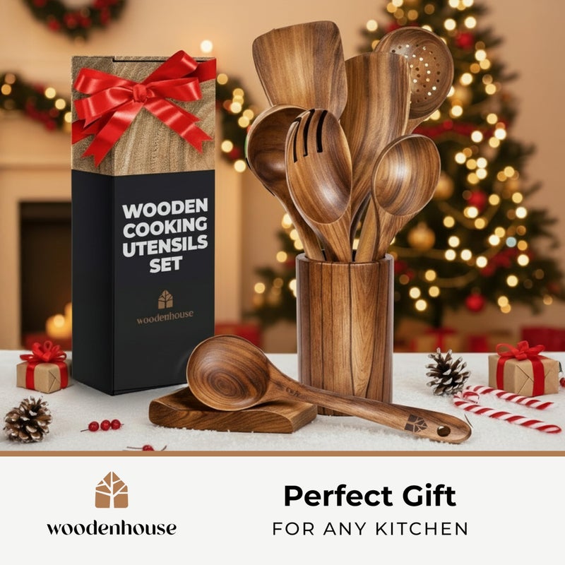 Woodenhouse طقم أدوات المطبخ الخشبية 8 قطع - متين وسهل التنظيف، ملاعق خشبية طبيعية من خشب الساج للطهي - أدوات طهي غير خدش مع ملعقة مسطحة، مقلوب، مغرفة، ملاعق، حامل، قاعدة ملعقة، 6 خطافات هدايا مطبخ - Image 2