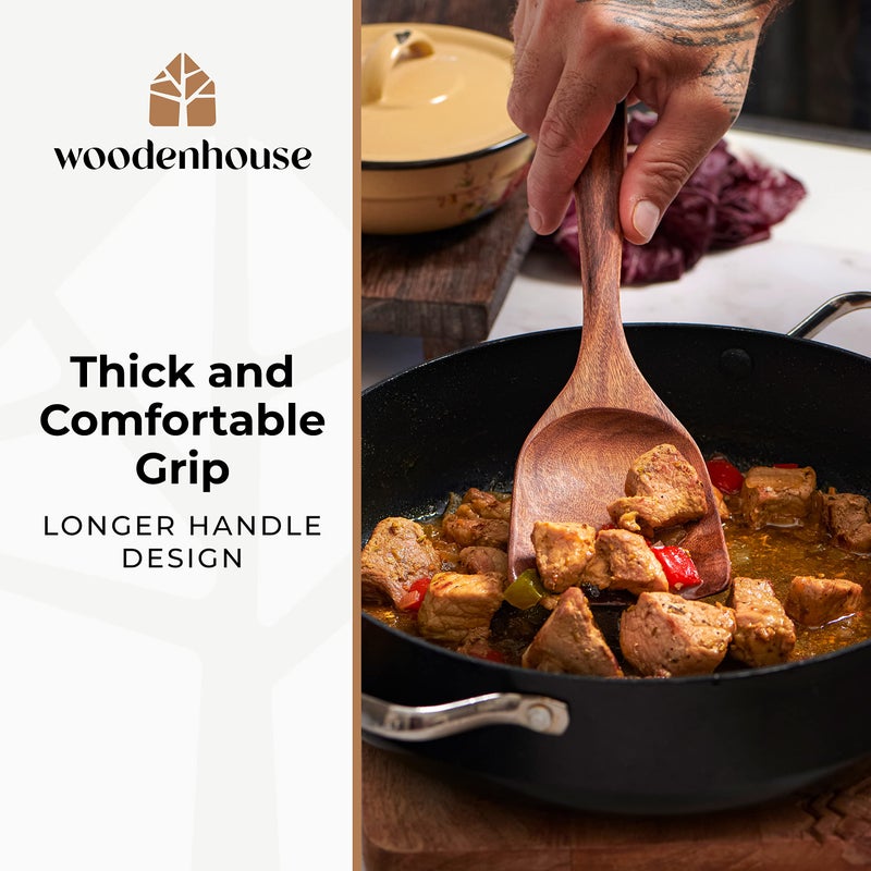 Woodenhouse طقم أدوات المطبخ الخشبية 8 قطع - متين وسهل التنظيف، ملاعق خشبية طبيعية من خشب الساج للطهي - أدوات طهي غير خدش مع ملعقة مسطحة، مقلوب، مغرفة، ملاعق، حامل، قاعدة ملعقة، 6 خطافات هدايا مطبخ - Image 4
