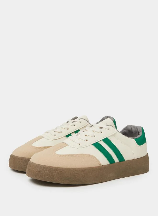 Styli Off White Classic Court Sneakers with Green Stripes