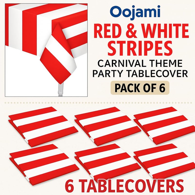Oojami Red & White Stripes Carnival Theme Tablecloths â€“ 6 Pack Plastic Disposable Table Covers 54" x 108" â€“ Circus Party Supplies for Birthdays, Fairs, Fundraisers, Events & Decorations - Image 2
