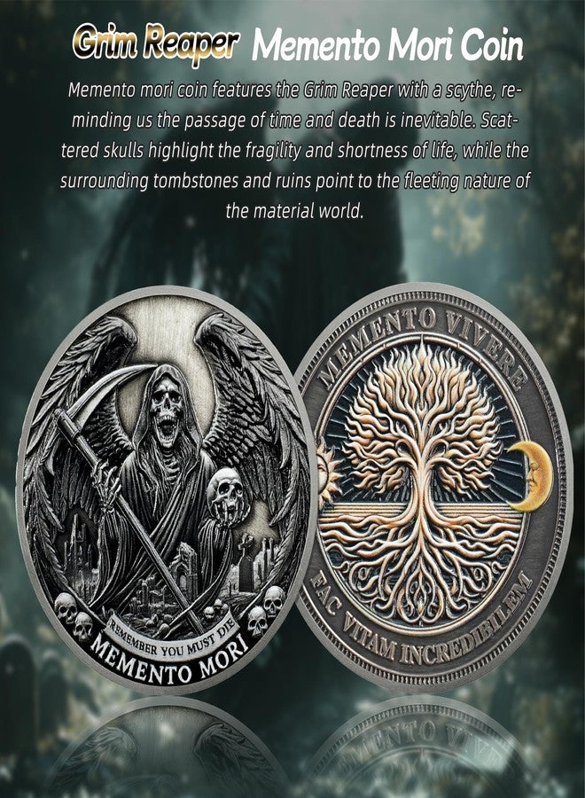 IELCJJ Grim Reaper Memento Mori Coin - Skull Tree of Life Stoic Challenge Coin - Novelty EDC Amor Fati Token Medallions for Daily Stoic Practice - Inspirational Momento Mori Stoicism Gifts for Men Women Kids - Image 2