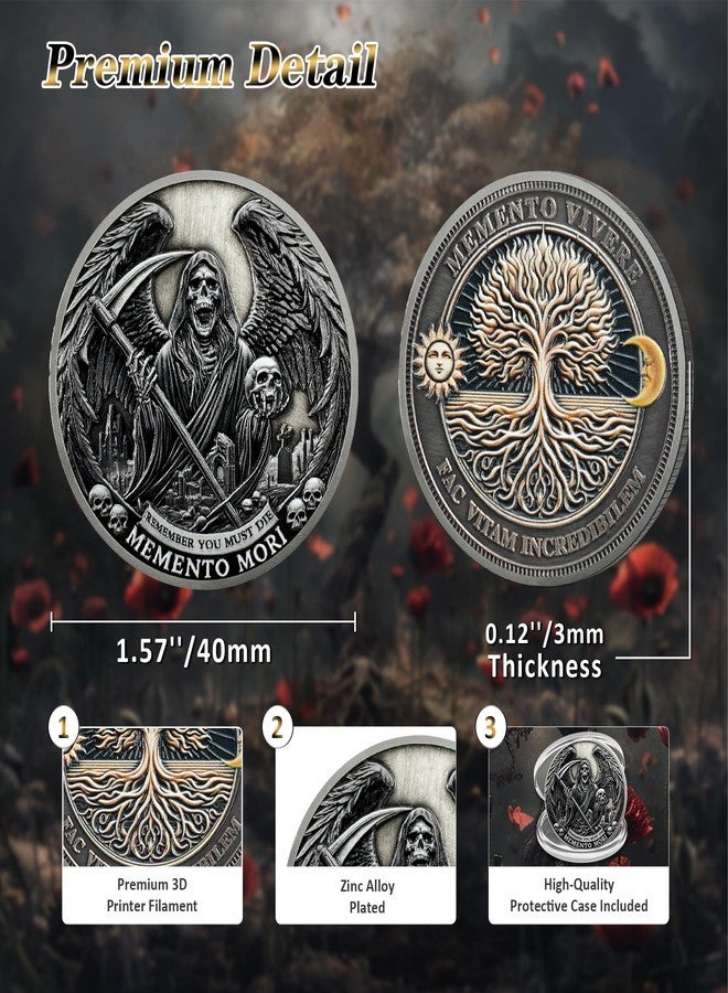 IELCJJ Grim Reaper Memento Mori Coin - Skull Tree of Life Stoic Challenge Coin - Novelty EDC Amor Fati Token Medallions for Daily Stoic Practice - Inspirational Momento Mori Stoicism Gifts for Men Women Kids - Image 3